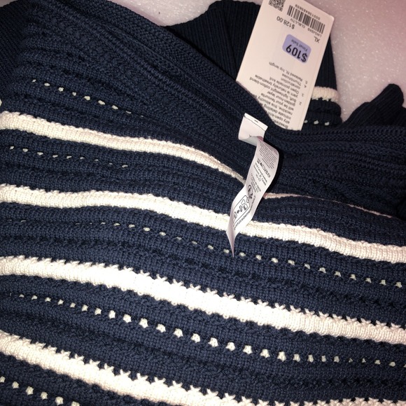 lululemon athletica Sweaters - LULULEMON Cotton Crochet Mesh Pullover Sweater Navy Blue White Stripe XL NWT